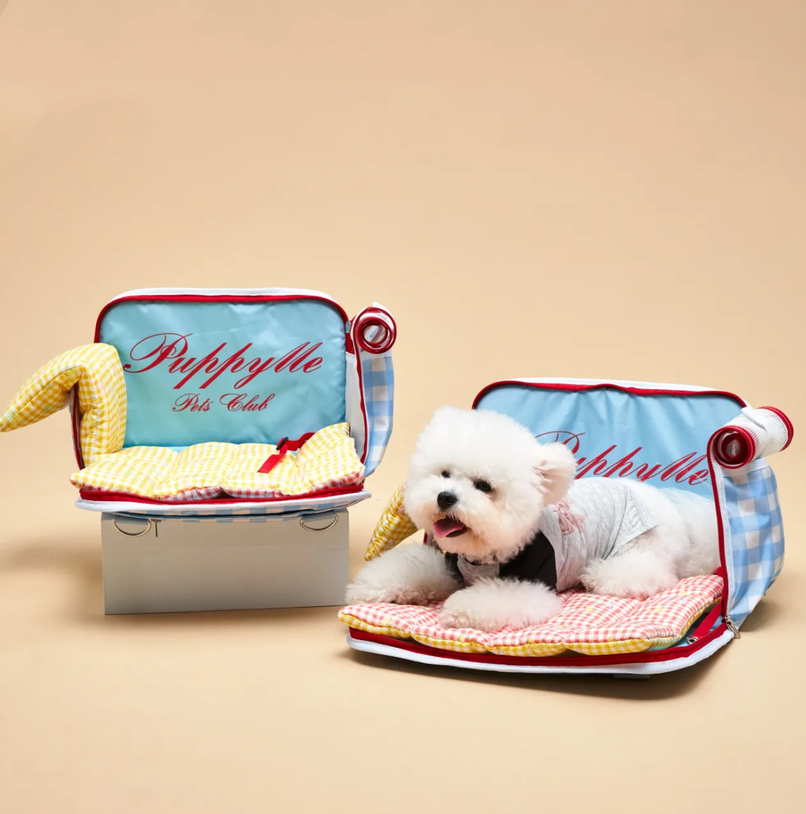 Blue Checkered Waterproof Fabric Pet Carrier - Airline & Car Seat