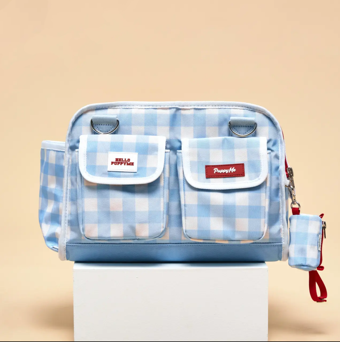 Blue Checkered Waterproof Fabric Pet Carrier - Airline & Car Seat