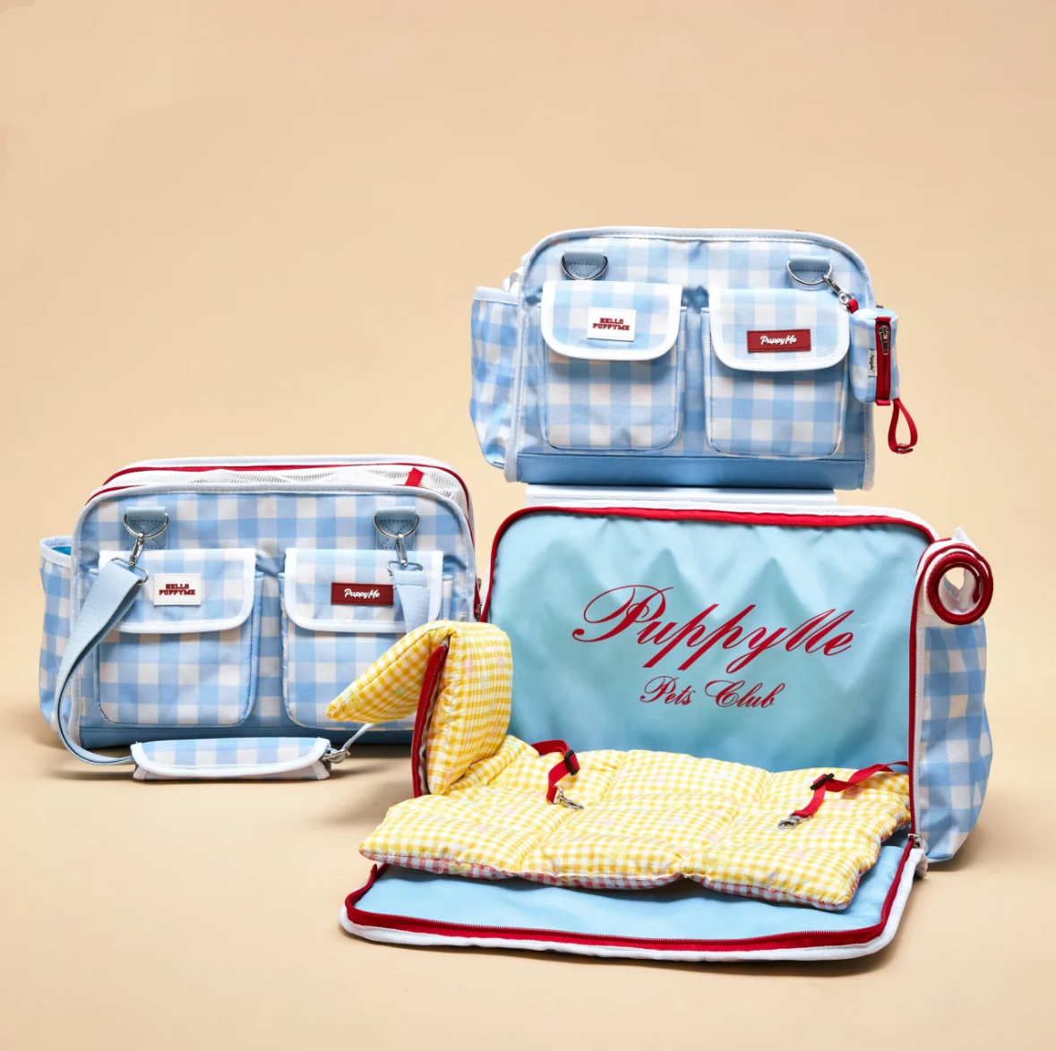 Blue Checkered Waterproof Fabric Pet Carrier - Airline & Car Seat